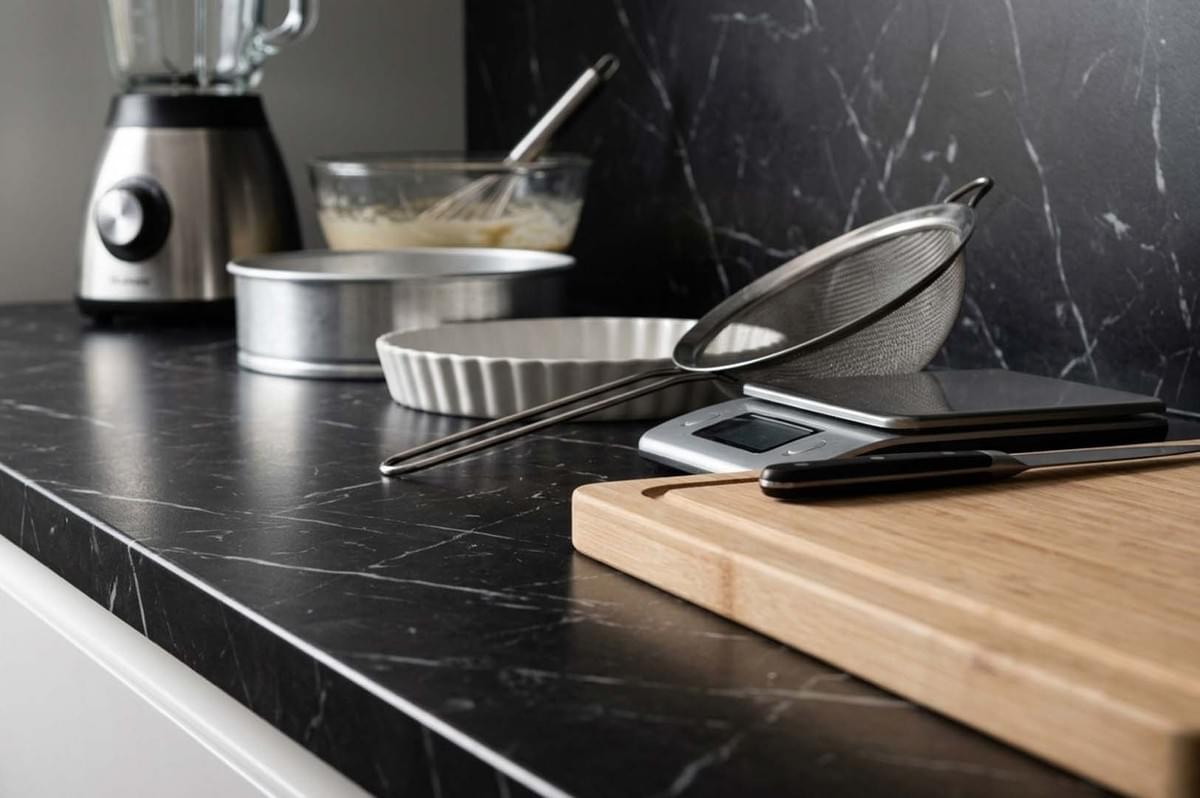 Baking tools and pans arranged on a black countertop Baking tools and pans arranged on a black countertop