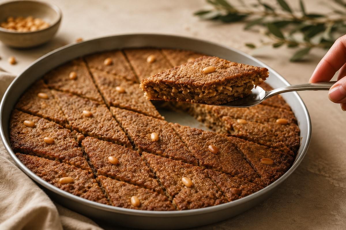 A spatula lifting a diamond-cut slice of baked kibbeh garnished with pine nuts from a round metal baking tray. A spatula lifting a diamond-cut slice of baked kibbeh garnished with pine nuts from a round metal baking tray.