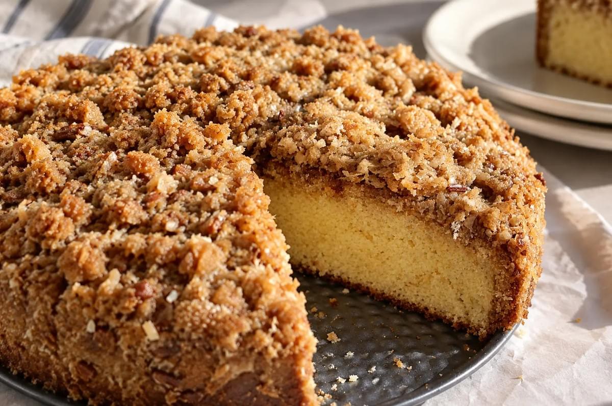 Close-up of a round cake topped with golden toasted coconut crumble, missing a slice. Close-up of a round cake topped with golden toasted coconut crumble, missing a slice.
