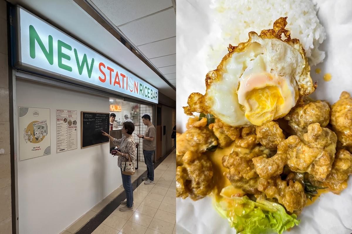 Customer ordering from the menu at New Station Rice Bar, alongside a serving of their signature salted egg chicken with rice and fried egg. Customer ordering from the menu at New Station Rice Bar, alongside a serving of their signature salted egg chicken with rice and fried egg.