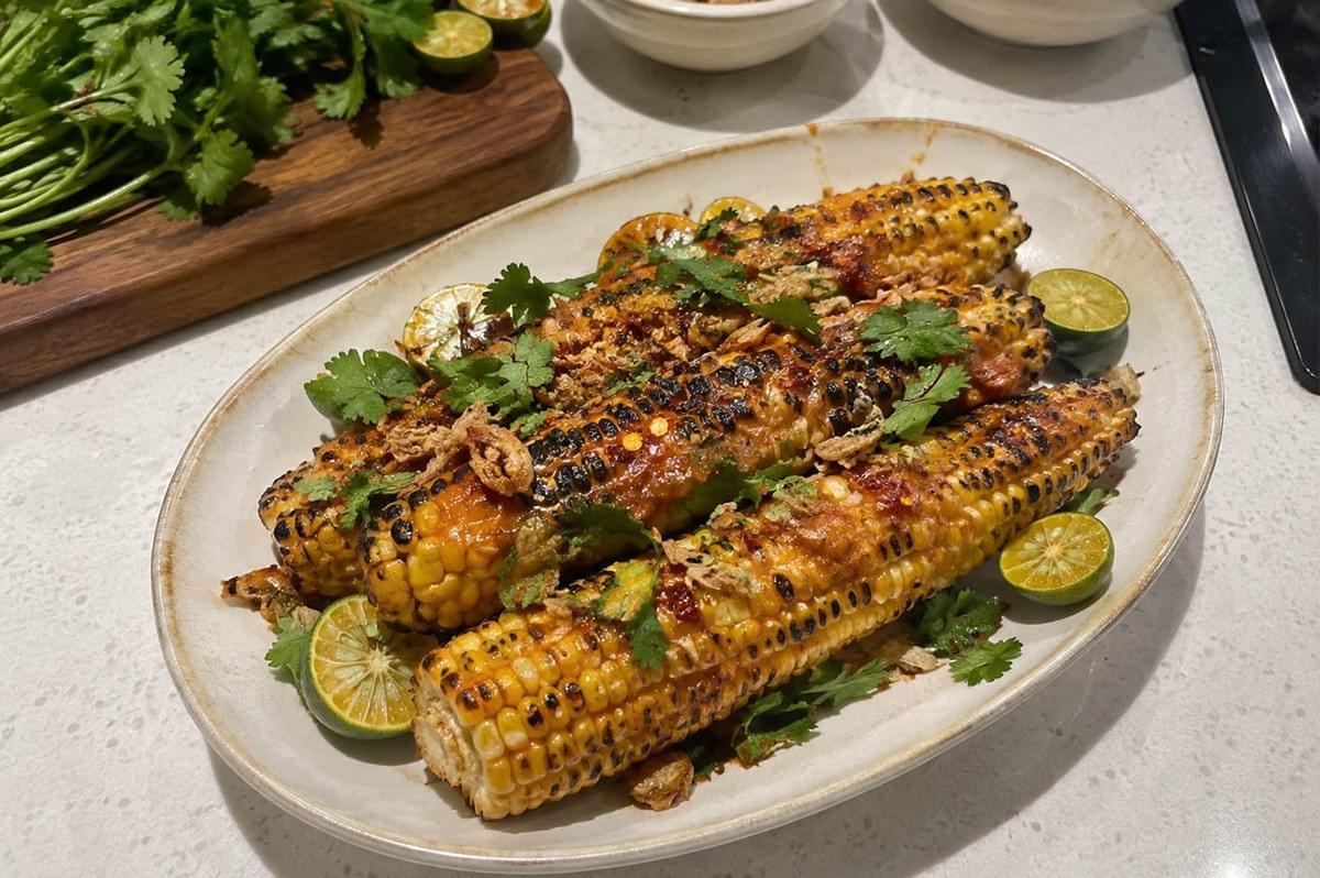 A white oval ceramic platter holds several whole cobs of grilled corn, heavily charred and slathered in a reddish sambal glaze. The dish is garnished with fresh cilantro leaves, crispy fried shallots, and halved calamansi limes nestled along the edges, set on a bright countertop near a wooden board with extra herbs and limes. A white oval ceramic platter holds several whole cobs of grilled corn, heavily charred and slathered in a reddish sambal glaze. The dish is garnished with fresh cilantro leaves, crispy fried shallots, and halved calamansi limes nestled along the edges, set on a bright countertop near a wooden board with extra herbs and limes.