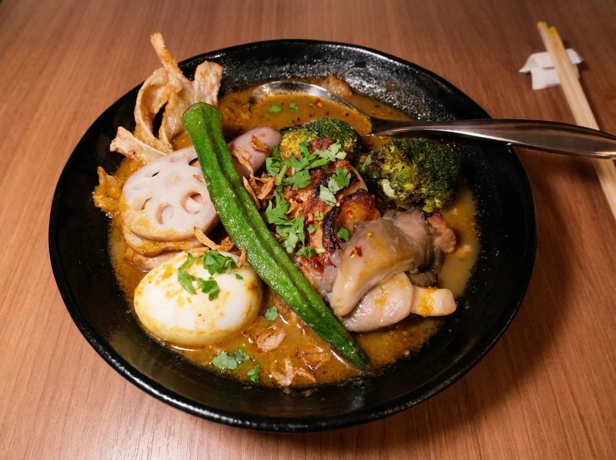 Bowl of soup curry garnished with lotus root, okra, roasted broccoli, chicken, and a soft-boiled egg. Bowl of soup curry garnished with lotus root, okra, roasted broccoli, chicken, and a soft-boiled egg.