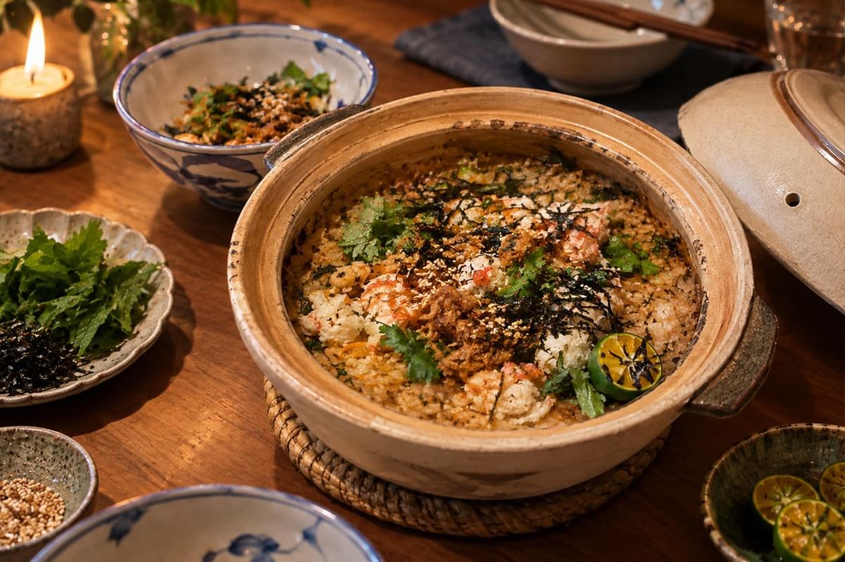 An overhead view depicts a warm, candlelit dining table setup centered around a steaming claypot filled with crab rice garnish with sesame seeds, seaweed, and a grilled citrus slice. Surrounding the main dish on the wooden table are small side plates containing additional fresh herbs, toasted sesame seeds, sliced citrus, and small ceramic bowls with chopsticks ready for serving. An overhead view depicts a warm, candlelit dining table setup centered around a steaming claypot filled with crab rice garnish with sesame seeds, seaweed, and a grilled citrus slice. Surrounding the main dish on the wooden table are small side plates containing additional fresh herbs, toasted sesame seeds, sliced citrus, and small ceramic bowls with chopsticks ready for serving.