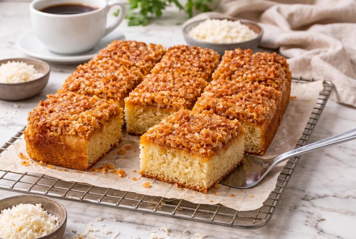 Square-cut slices of cake with toasted coconut topping resting on a wire rack next to a cup of coffee. Square-cut slices of cake with toasted coconut topping resting on a wire rack next to a cup of coffee.