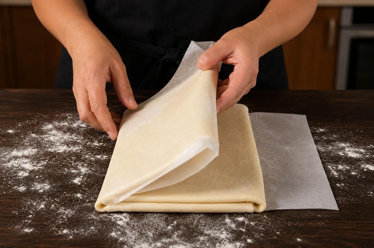 Baker's hands folding a sheet of puff pastry dough on a floured wooden surface during the lamination process Baker's hands folding a sheet of puff pastry dough on a floured wooden surface during the lamination process