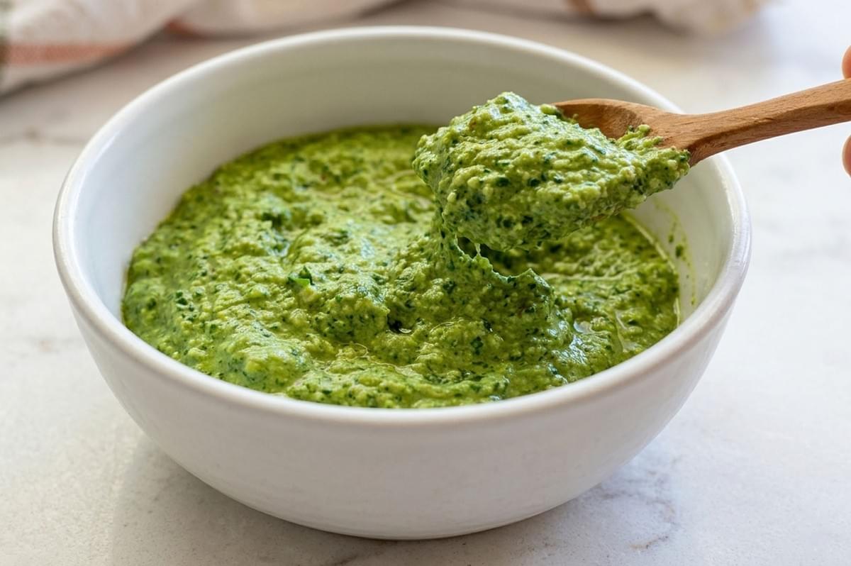 Thick green basil pesto in white bowl with wooden spoon lifting portion Thick green basil pesto in white bowl with wooden spoon lifting portion