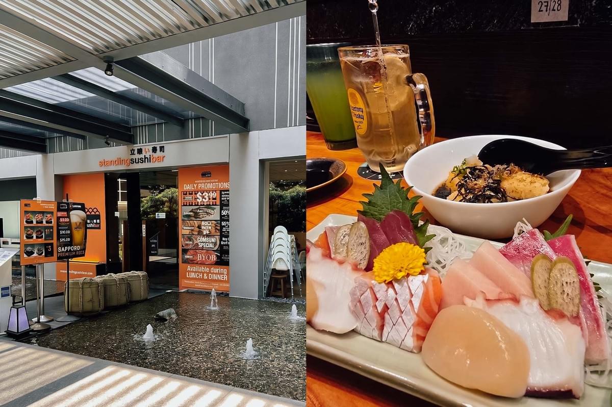 Left: The exterior storefront of Standing Sushi Bar features a modern entrance next to a decorative water feature with fountains, promotional signs, and outdoor seating elements. Right: A rectangular white plate holds a generous assortment of thick-cut sashimi, including salmon, tuna, octopus, and scallops, garnished with a yellow flower and shiso leaf, accompanied by a bowl of food and drinks in the background. Left: The exterior storefront of Standing Sushi Bar features a modern entrance next to a decorative water feature with fountains, promotional signs, and outdoor seating elements. Right: A rectangular white plate holds a generous assortment of thick-cut sashimi, including salmon, tuna, octopus, and scallops, garnished with a yellow flower and shiso leaf, accompanied by a bowl of food and drinks in the background.