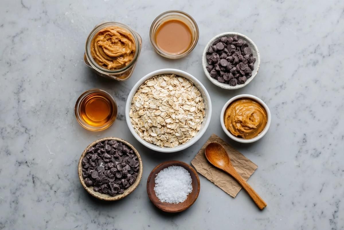 Flat lay of baking ingredients including rolled oats, chocolate chips, peanut butter, honey, and sea salt. Flat lay of baking ingredients including rolled oats, chocolate chips, peanut butter, honey, and sea salt.
