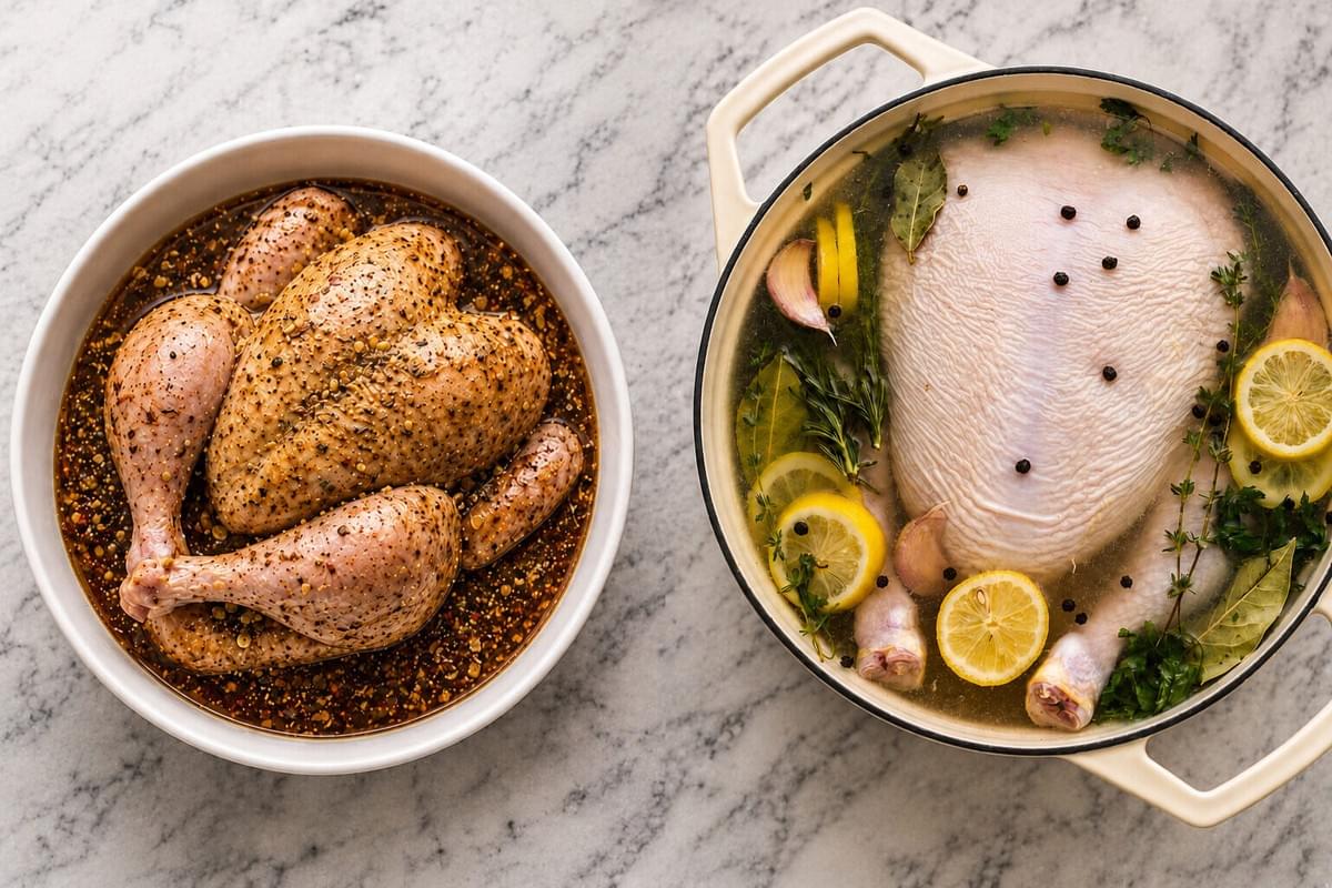 An overhead view of two whole raw chickens being prepared on a marble surface: one sits in a dark, seasoned marinade inside a white bowl, while the other is submerged in a clear liquid brine with lemon slices, herbs, and peppercorns in a cream-colored pot. An overhead view of two whole raw chickens being prepared on a marble surface: one sits in a dark, seasoned marinade inside a white bowl, while the other is submerged in a clear liquid brine with lemon slices, herbs, and peppercorns in a cream-colored pot.