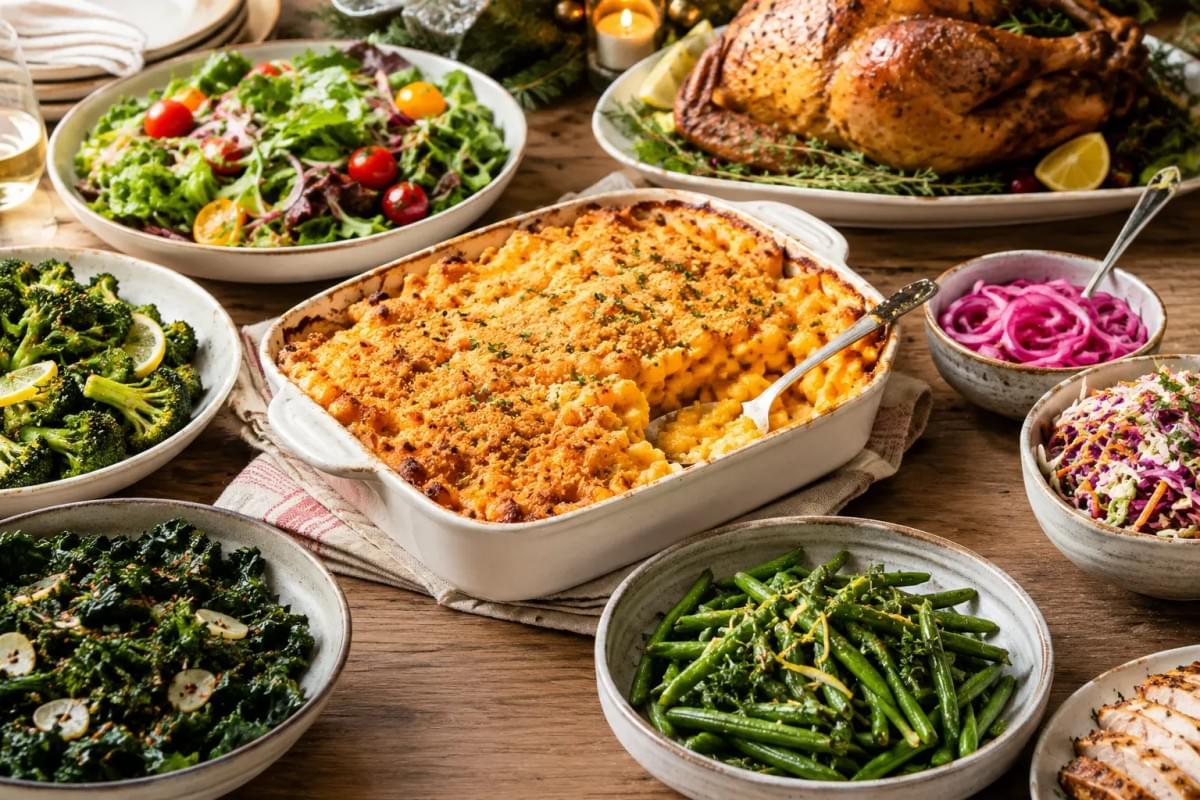 A full holiday table spread centered around a baking dish of sweet potato mac and cheese, surrounded by roasted turkey, green vegetables, and side dishes. A full holiday table spread centered around a baking dish of sweet potato mac and cheese, surrounded by roasted turkey, green vegetables, and side dishes.