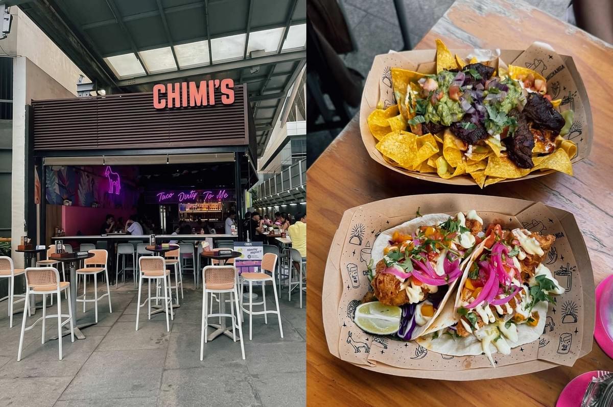 This split-screen image highlights Chimi's, showcasing the open-air Mexican restaurant storefront on the left with prominent red header signage, high-top seating, and a glowing purple neon sign reading "Taco Dirty To Me," while the right side presents a top-down view of two cardboard food trays filled with loaded beef nachos topped with guacamole and salsa alongside two soft tacos piled with crispy fried filling, pickled red onions, cilantro, and cream. This split-screen image highlights Chimi's, showcasing the open-air Mexican restaurant storefront on the left with prominent red header signage, high-top seating, and a glowing purple neon sign reading "Taco Dirty To Me," while the right side presents a top-down view of two cardboard food trays filled with loaded beef nachos topped with guacamole and salsa alongside two soft tacos piled with crispy fried filling, pickled red onions, cilantro, and cream.