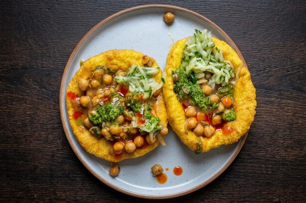 Trinidadian doubles topped with chickpeas and chutney Trinidadian doubles topped with chickpeas and chutney