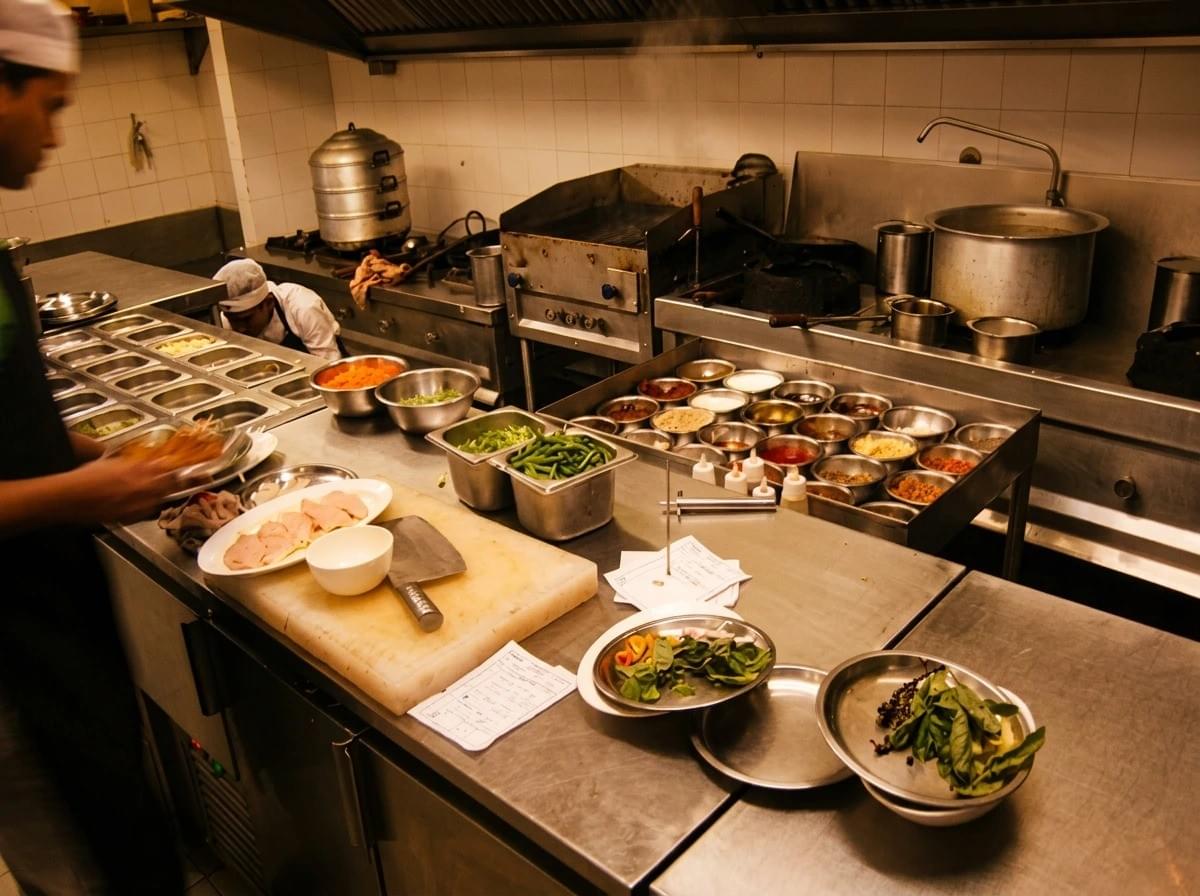 A commercial kitchen line where chefs prepare food at stainless steel counters filled with various prepped ingredients, sauces, and plates. A commercial kitchen line where chefs prepare food at stainless steel counters filled with various prepped ingredients, sauces, and plates.