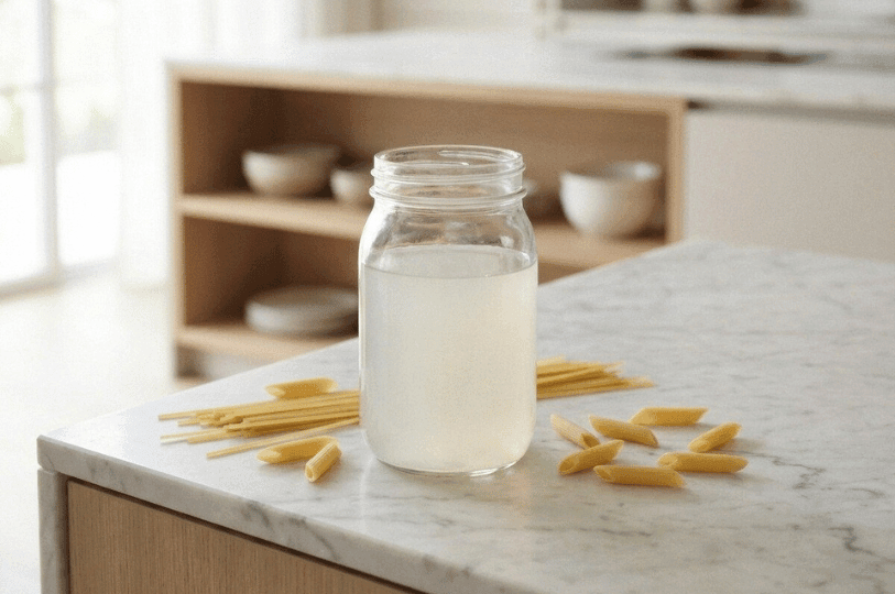 A clear mason jar filled with reserved, cloudy pasta water sitting on a white marble countertop next to scattered dry penne and spaghetti noodles. A clear mason jar filled with reserved, cloudy pasta water sitting on a white marble countertop next to scattered dry penne and spaghetti noodles.