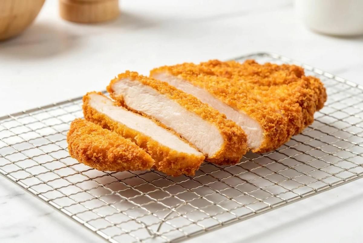 Sliced golden-brown chicken katsu resting on a wire cooling rack. Sliced golden-brown chicken katsu resting on a wire cooling rack.