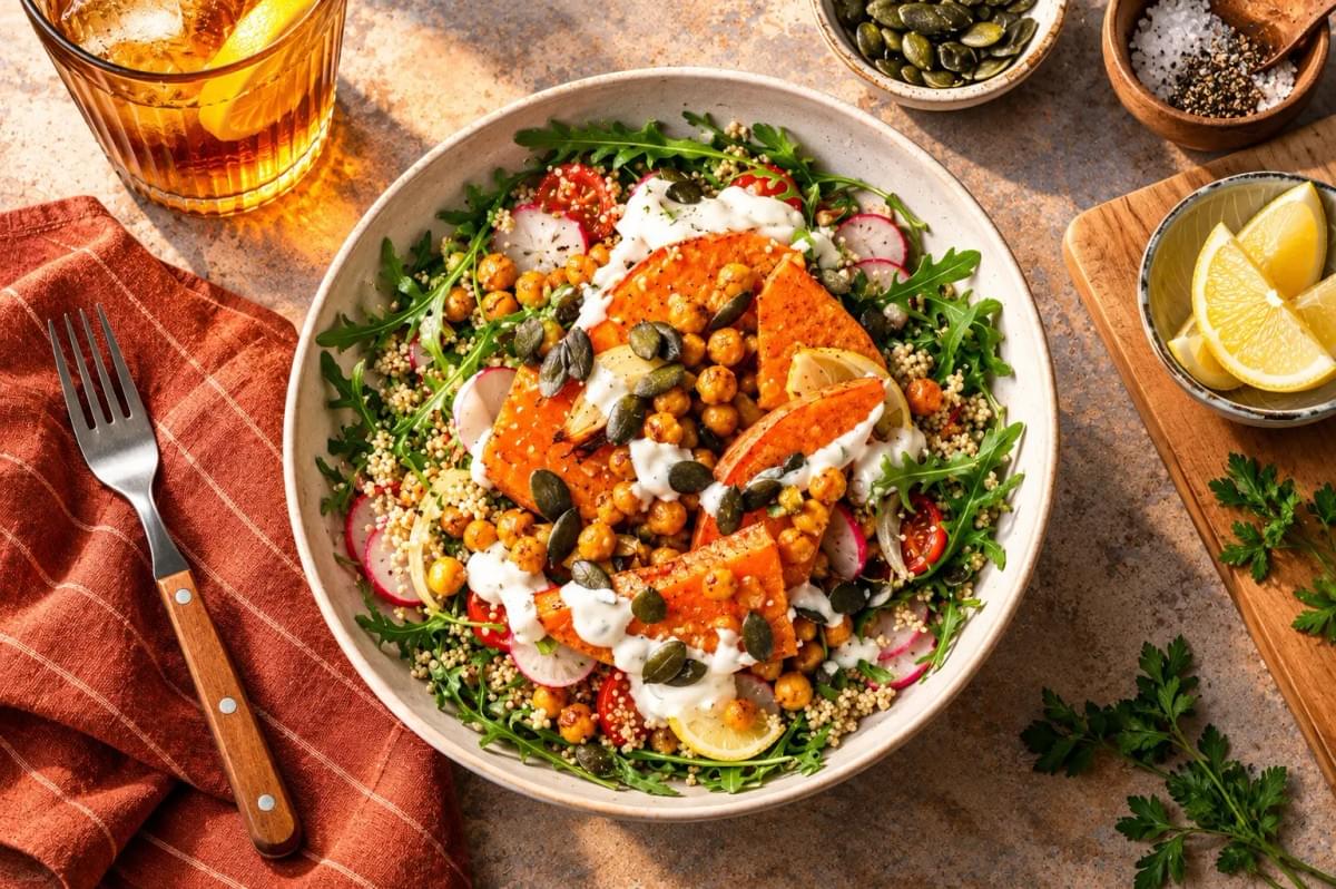 Harvest salad bowl with roasted sweet potato, chickpeas, arugula, quinoa, pumpkin seeds, and creamy dressing. Harvest salad bowl with roasted sweet potato, chickpeas, arugula, quinoa, pumpkin seeds, and creamy dressing.