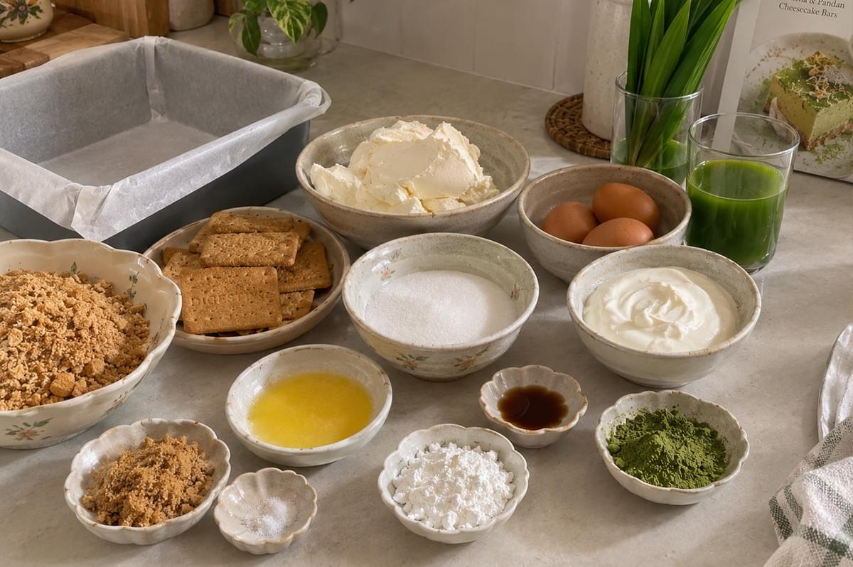 An organized ingredient prep shot showcases small ceramic bowls containing components for making cheesecake bars laid out on a beige countertop. The ingredients include cream cheese, sour cream, brown and white sugars, whole eggs, melted butter, crushed and whole digestive biscuits, matcha powder, powdered sugar, vanilla, and a glass of bright green pandan juice beside a parchment-lined metal baking pan. An organized ingredient prep shot showcases small ceramic bowls containing components for making cheesecake bars laid out on a beige countertop. The ingredients include cream cheese, sour cream, brown and white sugars, whole eggs, melted butter, crushed and whole digestive biscuits, matcha powder, powdered sugar, vanilla, and a glass of bright green pandan juice beside a parchment-lined metal baking pan.