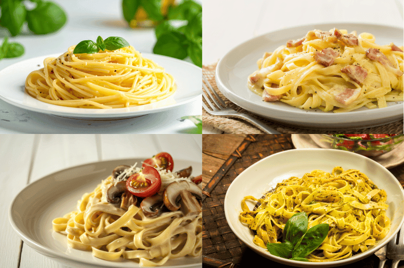 A four-way collage showing different finished pasta dishes: Cacio e Pepe, Carbonara, Fettuccine Alfredo, and Pesto Genovese. A four-way collage showing different finished pasta dishes: Cacio e Pepe, Carbonara, Fettuccine Alfredo, and Pesto Genovese.
