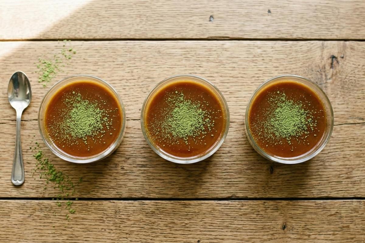 Top-down view of three glass jars filled with white custard and caramel sauce, garnished with matcha powder, arranged in a row on a wooden table. Top-down view of three glass jars filled with white custard and caramel sauce, garnished with matcha powder, arranged in a row on a wooden table.