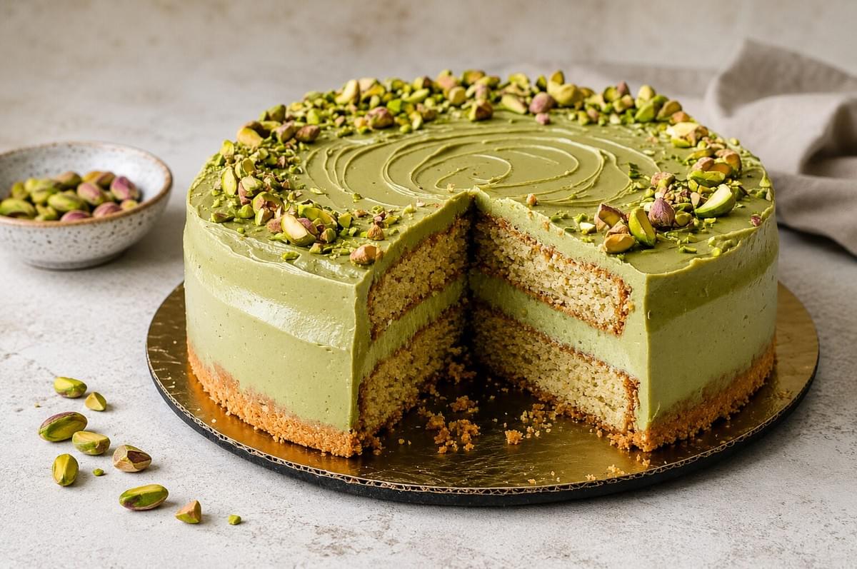 A round pistachio layer cake with smooth green frosting, topped with chopped pistachios, showing a cross-section slice removed. A round pistachio layer cake with smooth green frosting, topped with chopped pistachios, showing a cross-section slice removed.