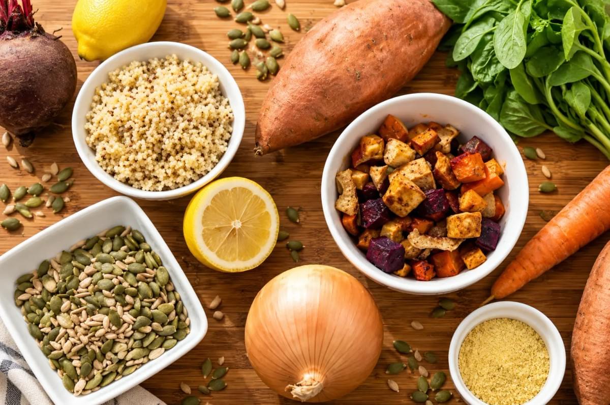 Flat lay of healthy ingredients including quinoa, pumpkin seeds, roasted veggie cubes, sweet potatoes, and lemons. Flat lay of healthy ingredients including quinoa, pumpkin seeds, roasted veggie cubes, sweet potatoes, and lemons.