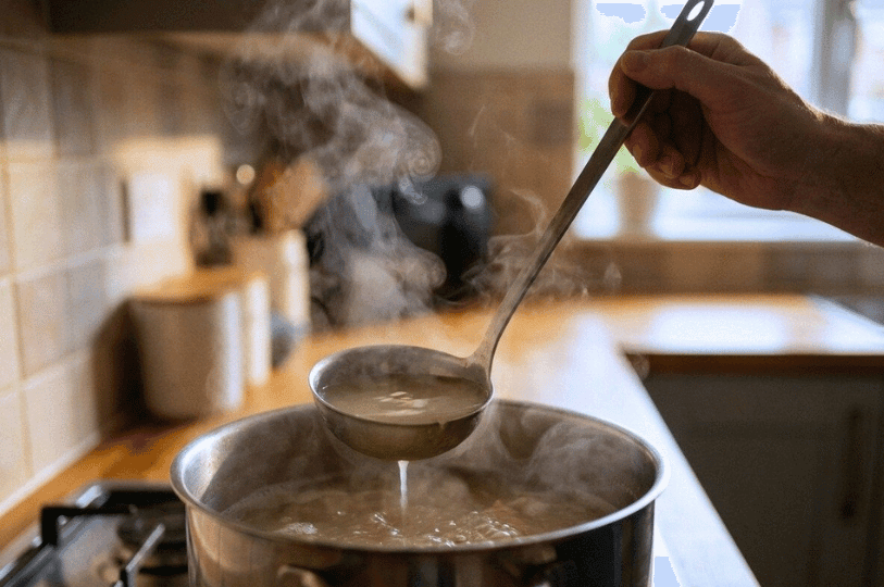 A steaming stainless steel pot on a stovetop with a hand lifting a metal ladle full of cloudy, starchy pasta water, capturing the rising vapor in a bright kitchen. A steaming stainless steel pot on a stovetop with a hand lifting a metal ladle full of cloudy, starchy pasta water, capturing the rising vapor in a bright kitchen.