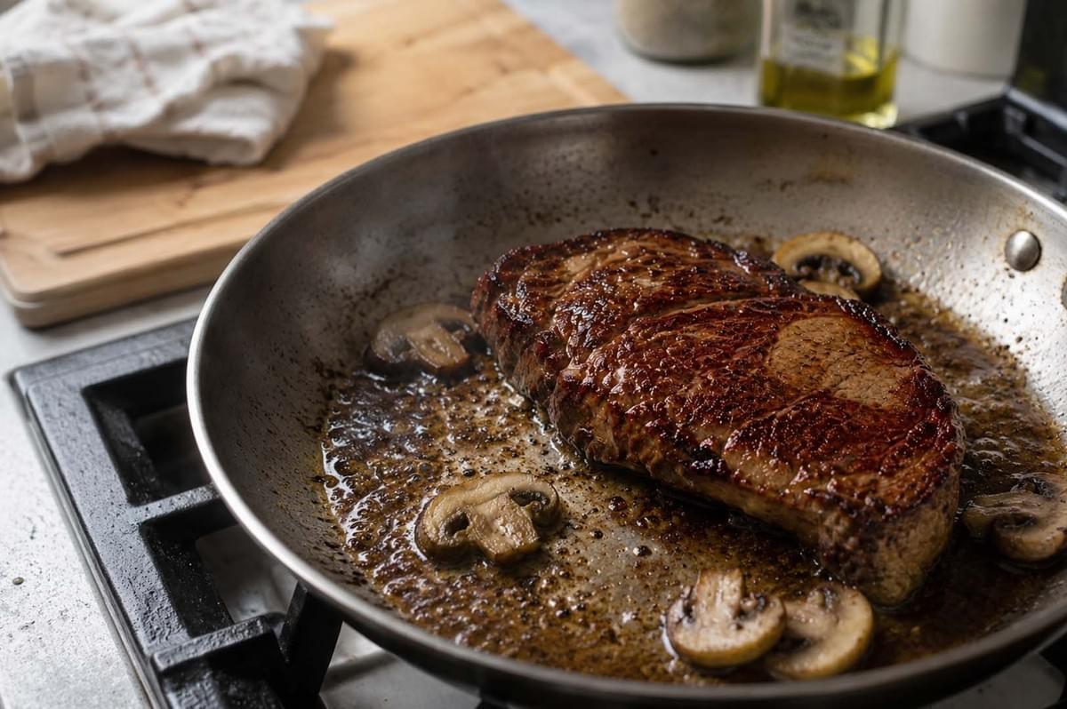 Seared steak and mushrooms sizzling in a stainless steel pan, creating fond for the sauce Seared steak and mushrooms sizzling in a stainless steel pan, creating fond for the sauce