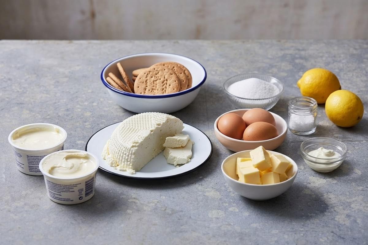 Ingredients for ricotta cheesecake including ricotta, biscuits, sugar, eggs, butter, and lemons arranged on a counter Ingredients for ricotta cheesecake including ricotta, biscuits, sugar, eggs, butter, and lemons arranged on a counter