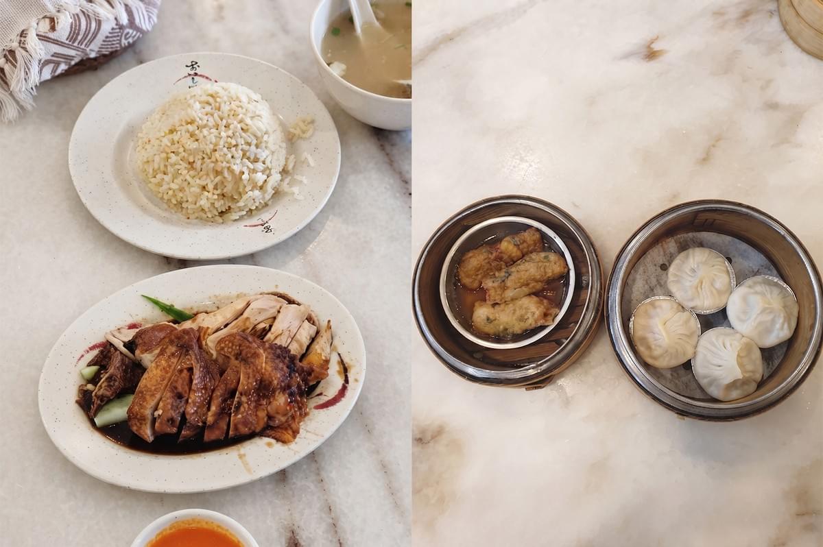 Tang Tea House spread featuring roasted chicken rice and steamed dim sum in bamboo baskets. Tang Tea House spread featuring roasted chicken rice and steamed dim sum in bamboo baskets.