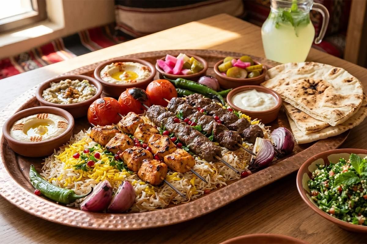 Middle Eastern mixed grill platter with beef and chicken kabobs, saffron rice, hummus, and pita bread. Middle Eastern mixed grill platter with beef and chicken kabobs, saffron rice, hummus, and pita bread.