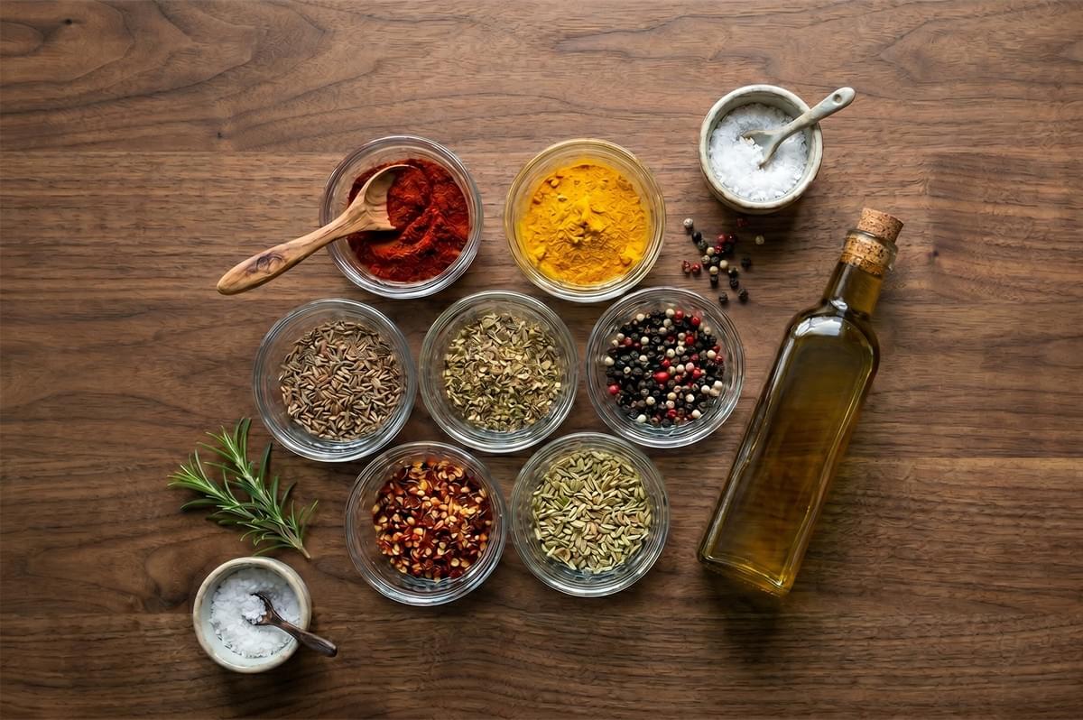 A top-down view of various spices and herbs in small glass bowls, including paprika, turmeric, chili flakes, and peppercorns, arranged on a rustic wooden table with a bottle of olive oil and fresh rosemary. A top-down view of various spices and herbs in small glass bowls, including paprika, turmeric, chili flakes, and peppercorns, arranged on a rustic wooden table with a bottle of olive oil and fresh rosemary.