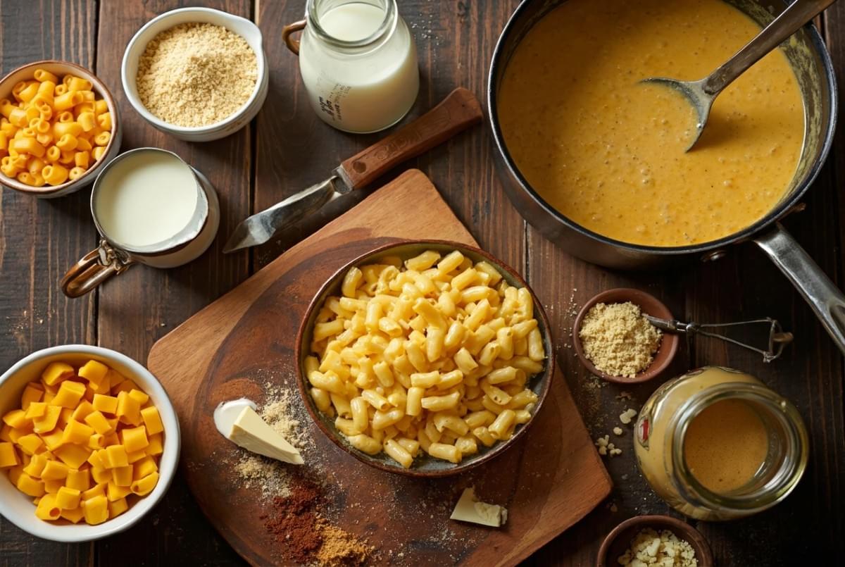 Flat lay of recipe ingredients including uncooked macaroni, cubed cheese, milk, breadcrumbs, spices, and a pot of sweet potato cheese sauce on a wooden surface. Flat lay of recipe ingredients including uncooked macaroni, cubed cheese, milk, breadcrumbs, spices, and a pot of sweet potato cheese sauce on a wooden surface.