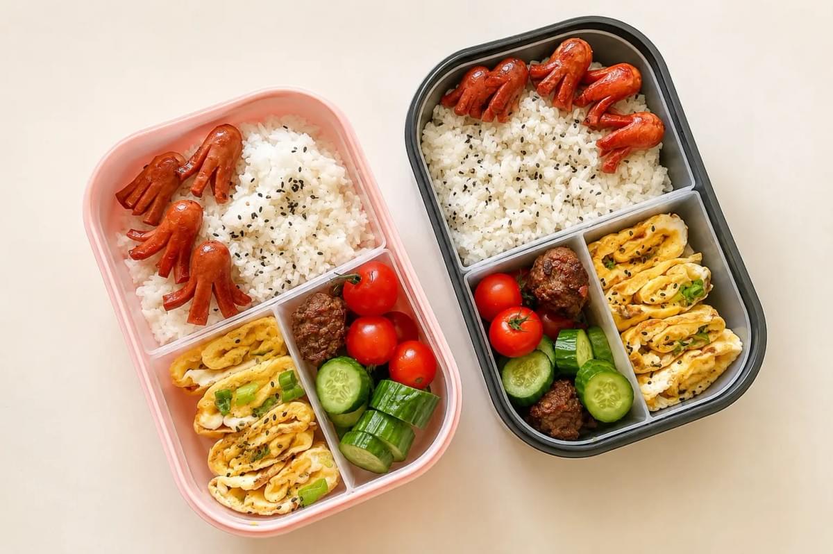 Two matching bento lunch boxes packed with octopus-shaped sausages over rice, rolled omelets, meatballs, cherry tomatoes, and sliced cucumbers. Two matching bento lunch boxes packed with octopus-shaped sausages over rice, rolled omelets, meatballs, cherry tomatoes, and sliced cucumbers.