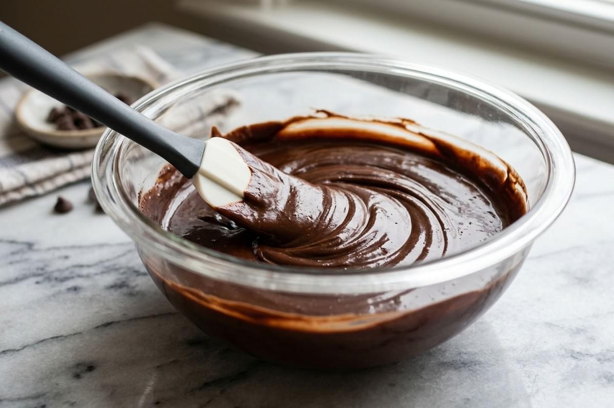 Glass bowl with smooth dark chocolate ganache being stirred by a spatula Glass bowl with smooth dark chocolate ganache being stirred by a spatula