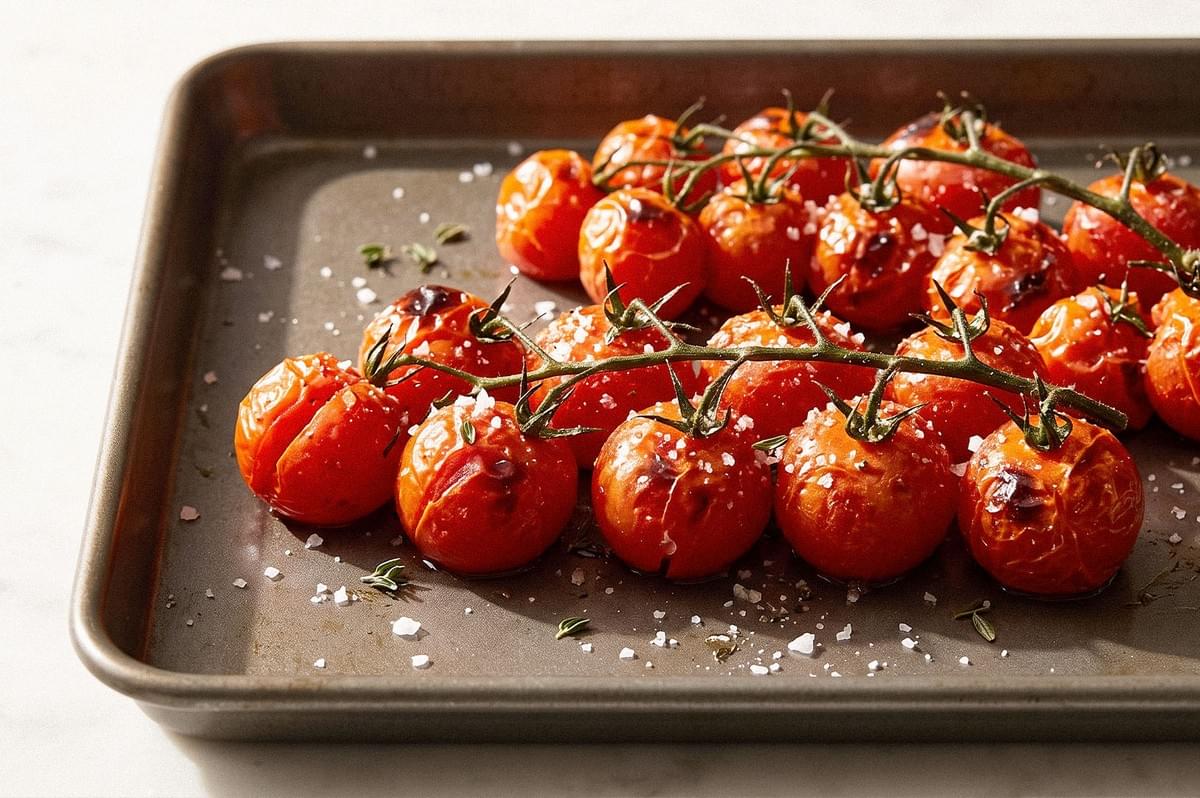 Roasted cherry tomatoes on the vine arranged on a baking tray and sprinkled with coarse salt and herbs. Roasted cherry tomatoes on the vine arranged on a baking tray and sprinkled with coarse salt and herbs.