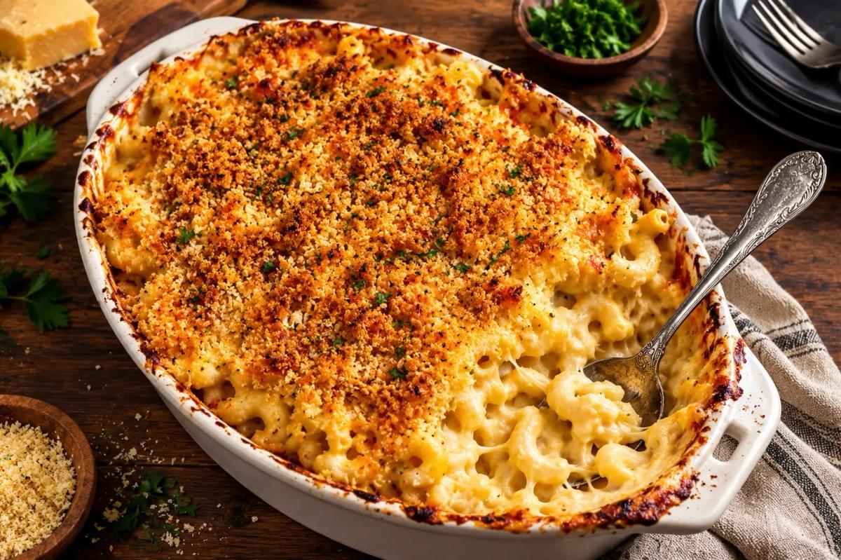 An oval ceramic casserole dish filled with baked macaroni and cheese featuring a crispy, golden breadcrumb topping. An oval ceramic casserole dish filled with baked macaroni and cheese featuring a crispy, golden breadcrumb topping.