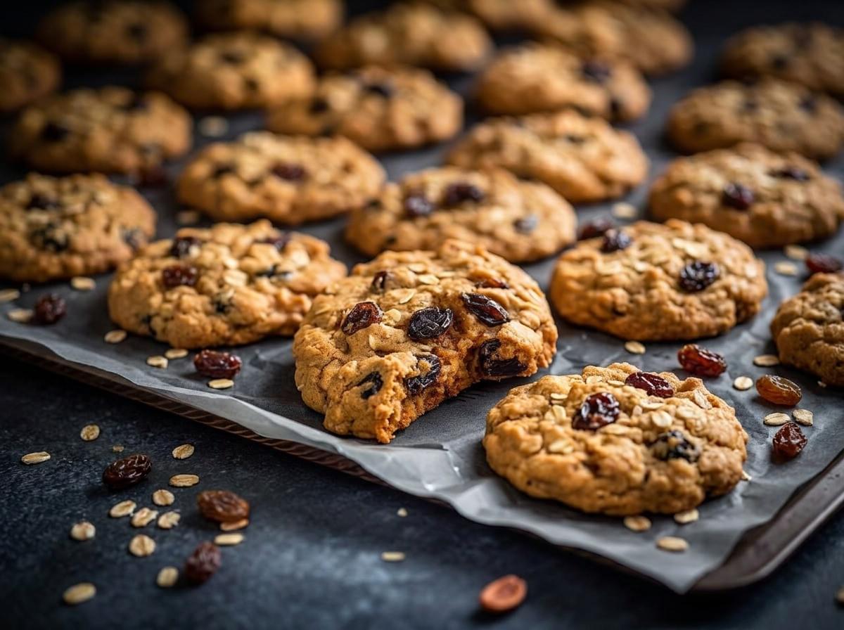 A baking sheet filled with freshly baked oatmeal raisin cookies, with one cookie in the foreground showing a bite taken out of it. A baking sheet filled with freshly baked oatmeal raisin cookies, with one cookie in the foreground showing a bite taken out of it.
