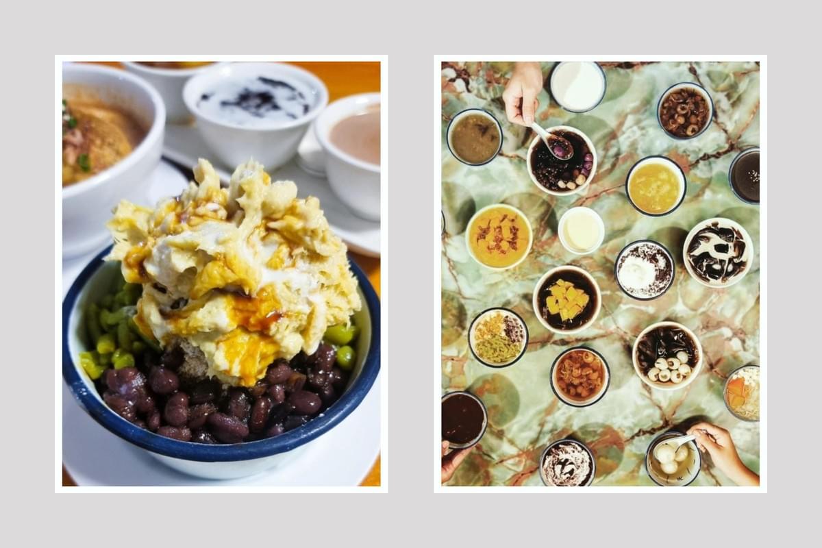 A split image highlights a variety of colorful East Asian desserts, featuring a close-up of a shaved ice bowl piled high with durian fruit, red beans, and syrup on the left. The right side shows an overhead view of numerous small bowls filled with different traditional sweet soups, jellies, and puddings arranged on a green marbled tabletop. A split image highlights a variety of colorful East Asian desserts, featuring a close-up of a shaved ice bowl piled high with durian fruit, red beans, and syrup on the left. The right side shows an overhead view of numerous small bowls filled with different traditional sweet soups, jellies, and puddings arranged on a green marbled tabletop.