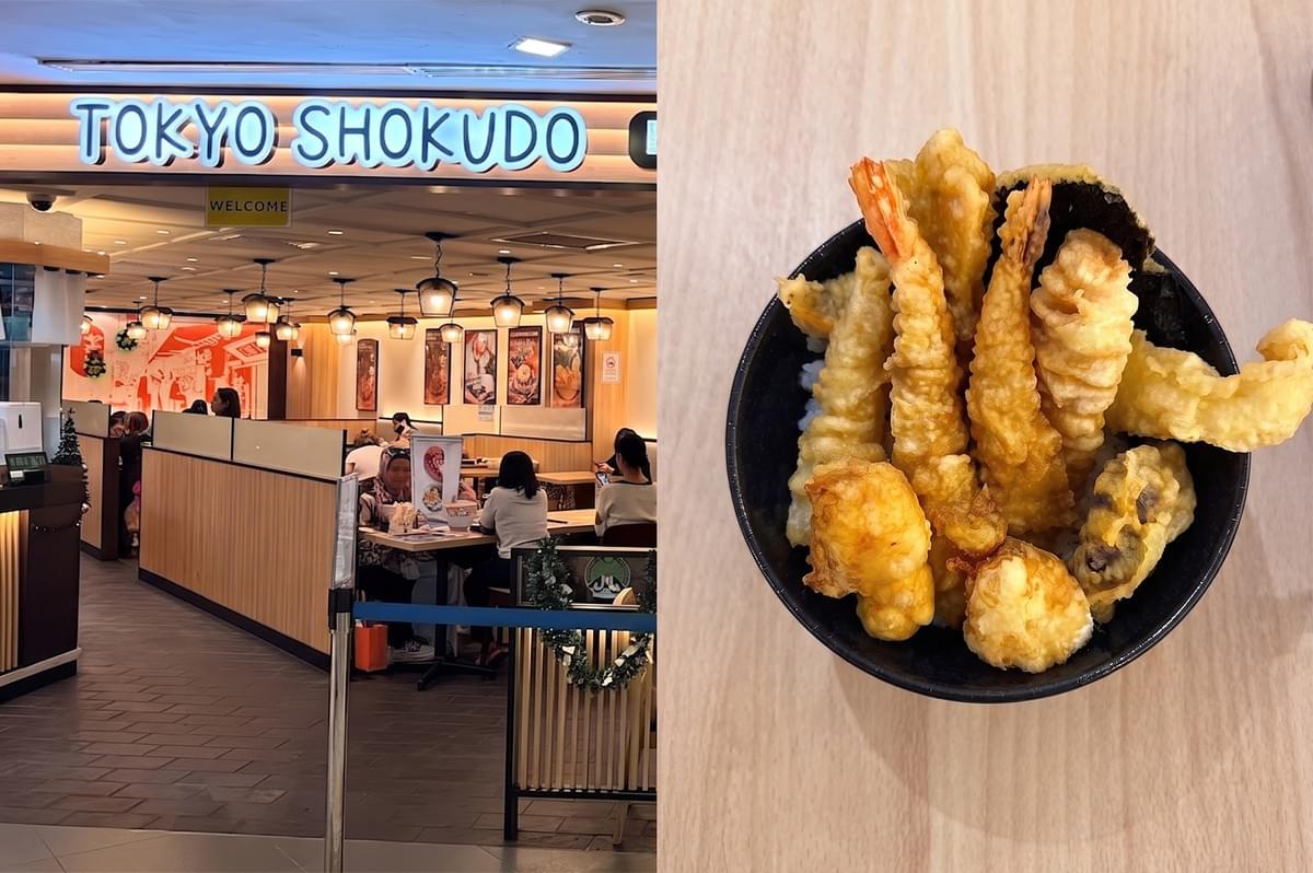 Tokyo Shokudo restaurant storefront and its signature tendon tempura rice bowl. Tokyo Shokudo restaurant storefront and its signature tendon tempura rice bowl.