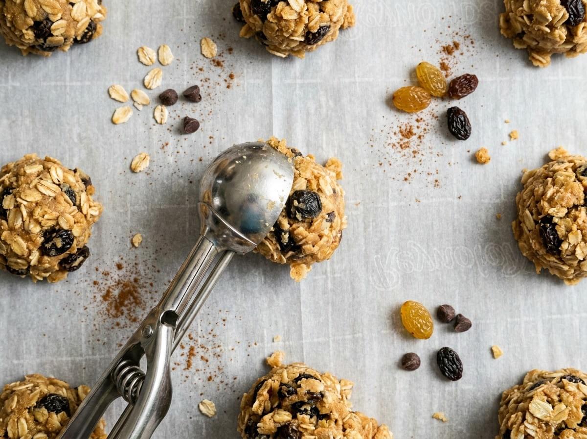 An overhead view of oatmeal raisin cookie dough being scooped with a metal cookie scoop onto parchment paper, surrounded by scattered oats, raisins, and chocolate chips. An overhead view of oatmeal raisin cookie dough being scooped with a metal cookie scoop onto parchment paper, surrounded by scattered oats, raisins, and chocolate chips.