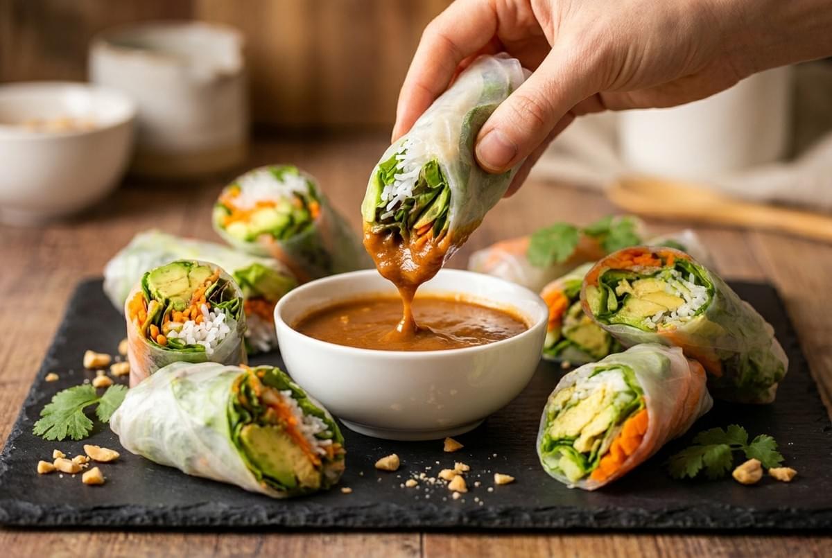 Fresh vegetable spring roll being dipped into a small white bowl of savory peanut dipping sauce. Fresh vegetable spring roll being dipped into a small white bowl of savory peanut dipping sauce.