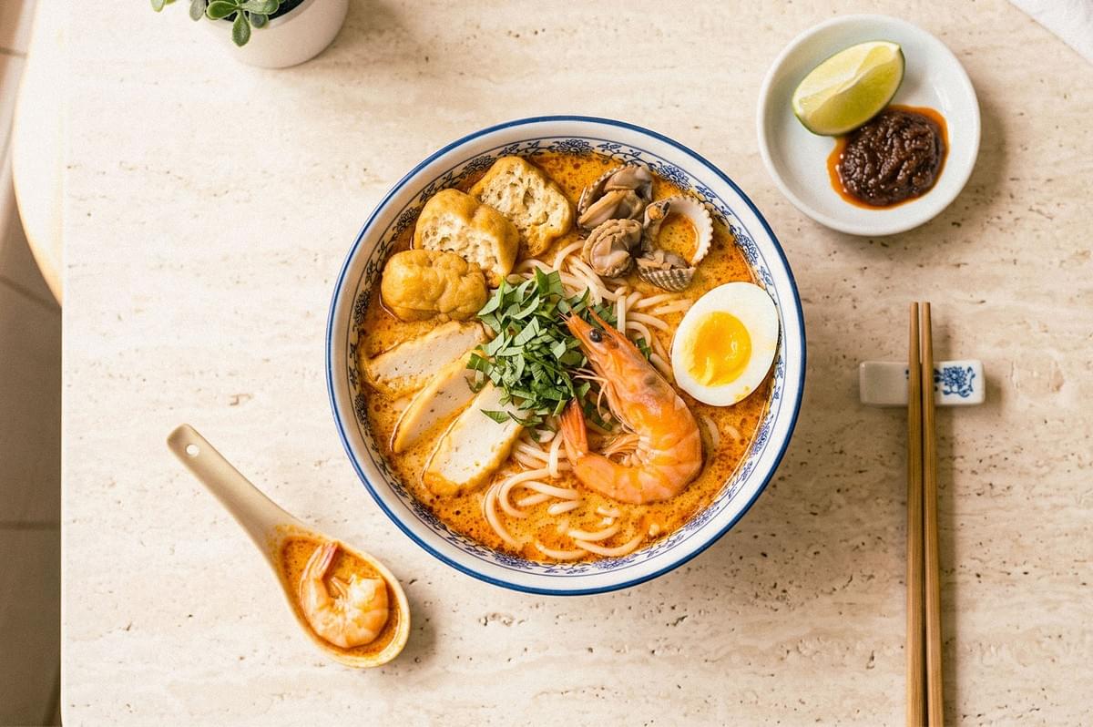 A bowl of creamy laksa topped with shrimp, fish cake, seafood, tofu puffs, greens, and a soft-boiled egg. A bowl of creamy laksa topped with shrimp, fish cake, seafood, tofu puffs, greens, and a soft-boiled egg.