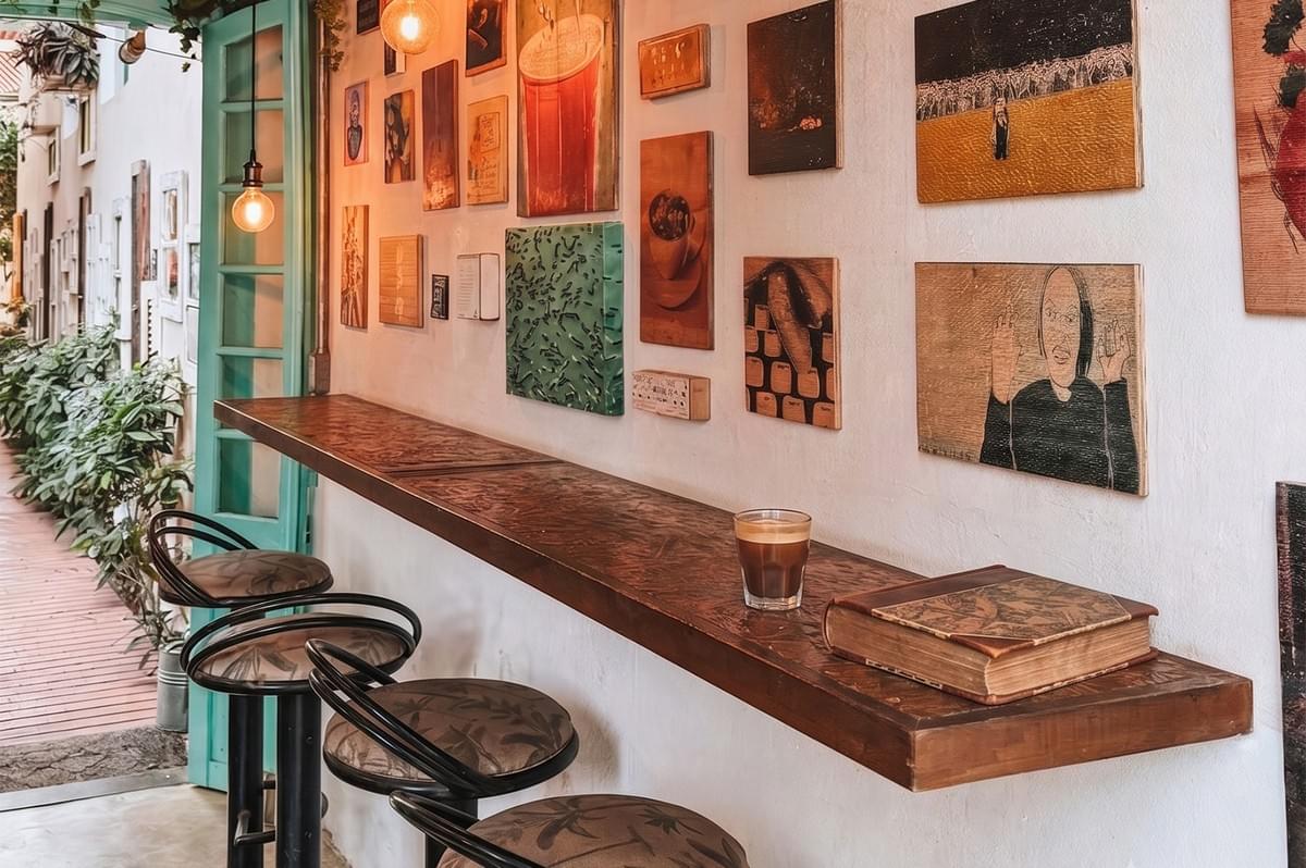 A cozy cafe bar seating area with wooden counter, bar stools, artwork on the wall, and a cup of coffee next to a book. A cozy cafe bar seating area with wooden counter, bar stools, artwork on the wall, and a cup of coffee next to a book.