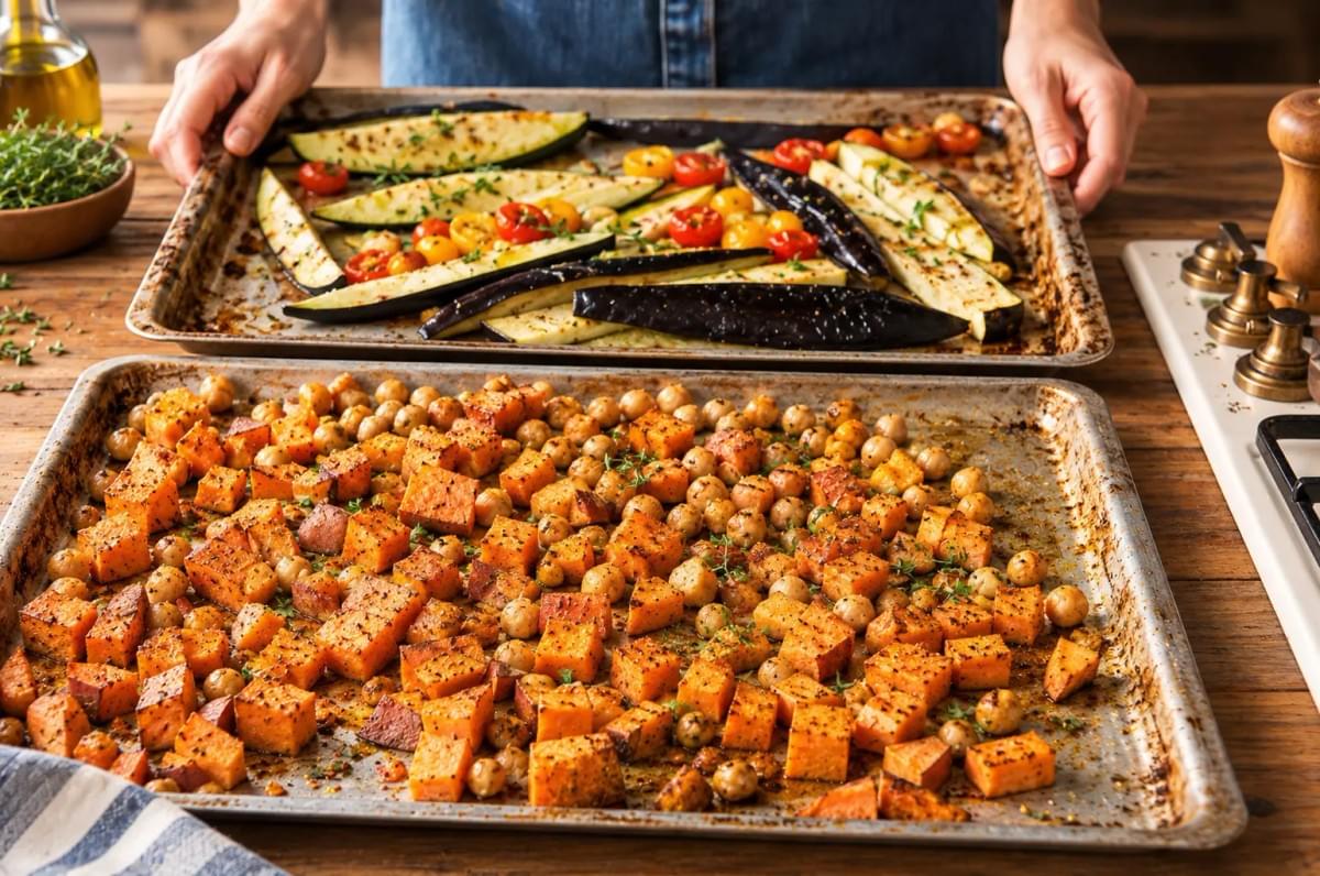 Two oven sheet pans filled with roasted eggplant slices, tomatoes, sweet potato cubes, and chickpeas. Two oven sheet pans filled with roasted eggplant slices, tomatoes, sweet potato cubes, and chickpeas.