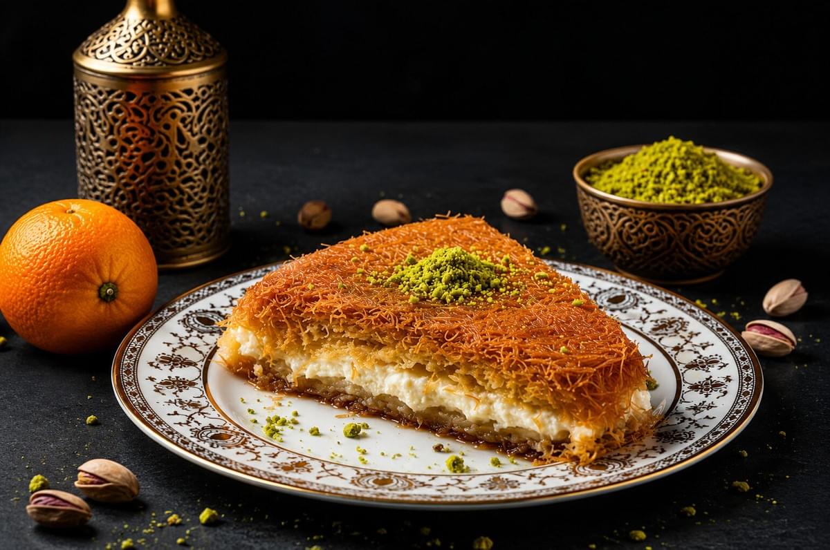 A large wedge of golden, shredded-dough kunafa dessert filled with a thick cream layer and topped with ground pistachios, served on an patterned white and gold plate alongside a whole orange, a bowl of extra pistachios, and a decorative gold lantern against a dark background. A large wedge of golden, shredded-dough kunafa dessert filled with a thick cream layer and topped with ground pistachios, served on an patterned white and gold plate alongside a whole orange, a bowl of extra pistachios, and a decorative gold lantern against a dark background.