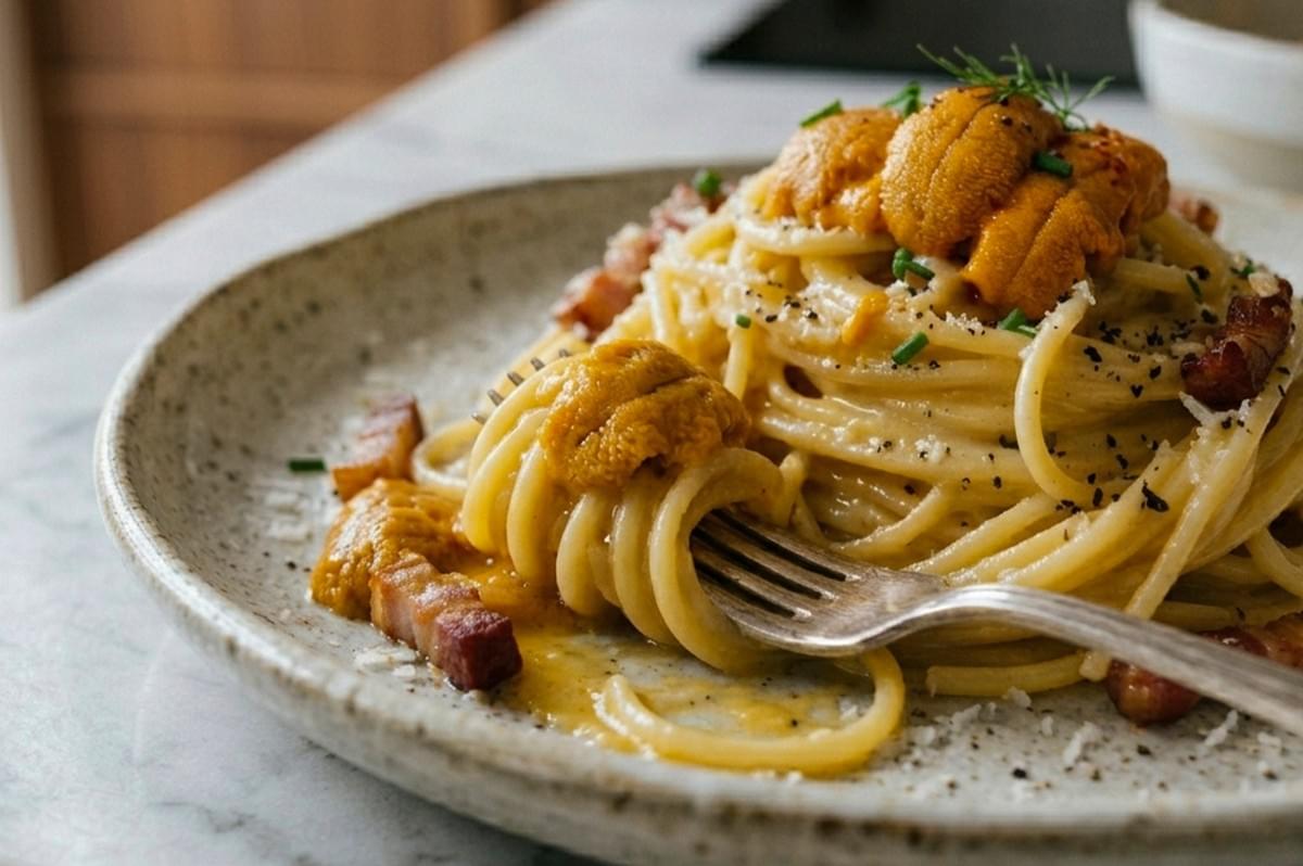 An extreme close-up of the plated Uni Carbonara, focusing on a fork twirling a portion of the pasta. The fork has captured several strands of spaghetti coated in a thick, velvety sauce, topped with a luscious lobe of orange sea urchin. In the background, the rest of the pasta mound is visible, showing the contrast between the crispy, dark red pork bits and the delicate, bright orange uni. A light dusting of grated cheese and cracked black pepper is scattered across the plate. An extreme close-up of the plated Uni Carbonara, focusing on a fork twirling a portion of the pasta. The fork has captured several strands of spaghetti coated in a thick, velvety sauce, topped with a luscious lobe of orange sea urchin. In the background, the rest of the pasta mound is visible, showing the contrast between the crispy, dark red pork bits and the delicate, bright orange uni. A light dusting of grated cheese and cracked black pepper is scattered across the plate.