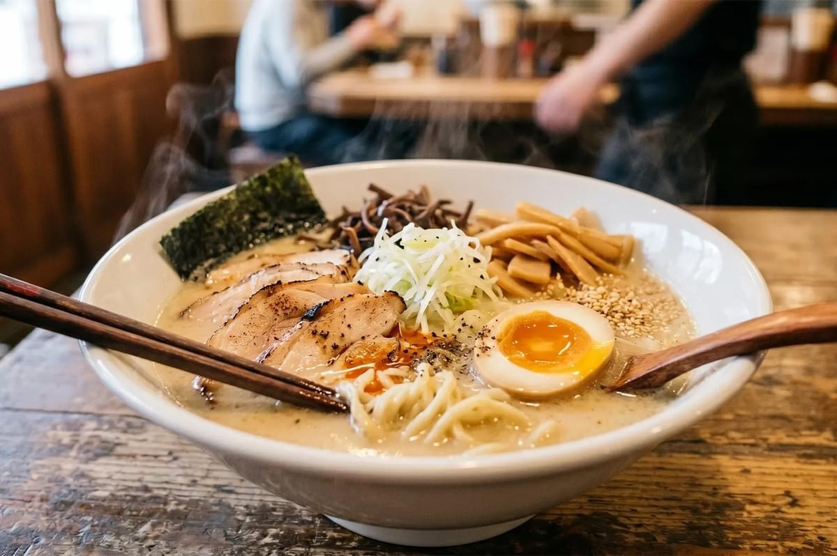 A steaming bowl of creamy tonkotsu ramen topped with sliced chashu pork, a soft-boiled egg, bamboo shoots, and nori in a restaurant setting. A steaming bowl of creamy tonkotsu ramen topped with sliced chashu pork, a soft-boiled egg, bamboo shoots, and nori in a restaurant setting.