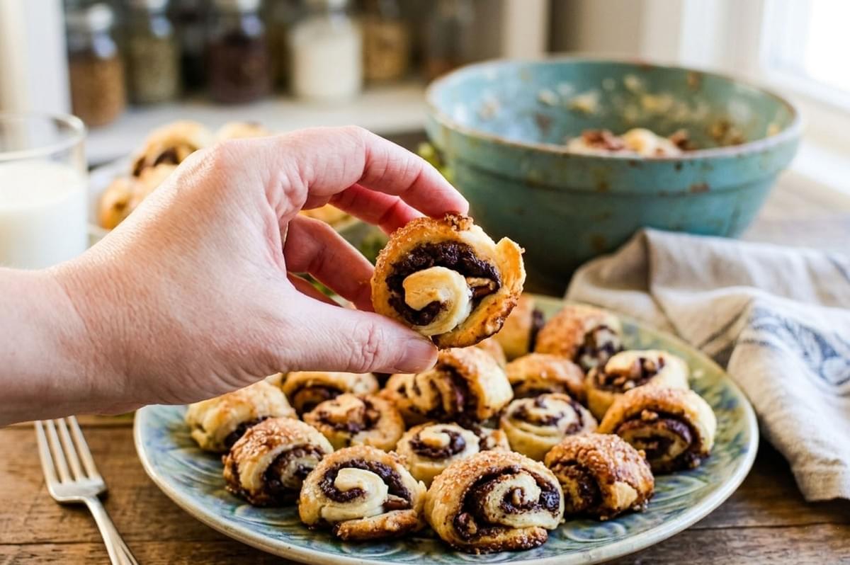 Hand holding chocolate rugelach pastry with plate of pastries and mixing bowl in background Hand holding chocolate rugelach pastry with plate of pastries and mixing bowl in background