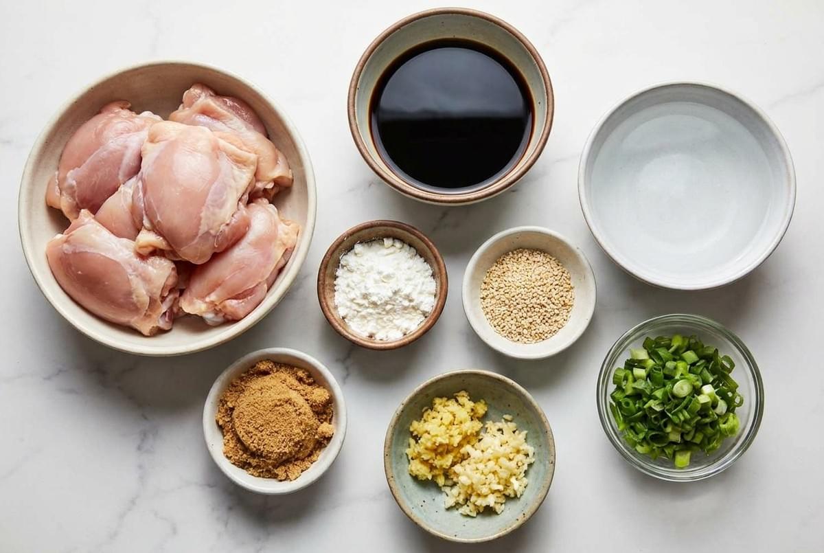 Flat lay of chicken teriyaki ingredients, including raw chicken thighs, soy sauce, and seasonings. Flat lay of chicken teriyaki ingredients, including raw chicken thighs, soy sauce, and seasonings.