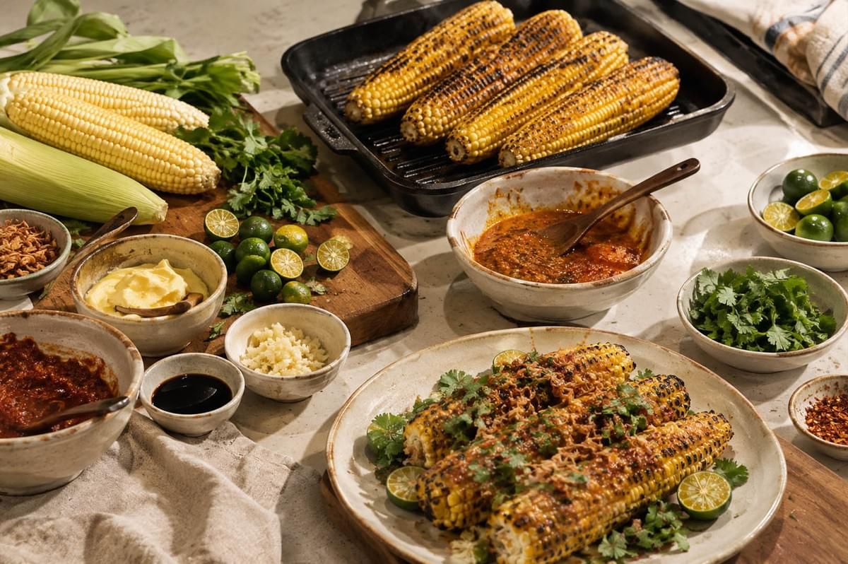 A high-angle tabletop view showcases the complete prep and plating layout for the dish, featuring unhusked corn cobs, a grill pan with charred corn, and an array of ceramic bowls containing butter, sambal paste, minced garlic, herbs, and calamansi limes surrounding a finished serving platter. A high-angle tabletop view showcases the complete prep and plating layout for the dish, featuring unhusked corn cobs, a grill pan with charred corn, and an array of ceramic bowls containing butter, sambal paste, minced garlic, herbs, and calamansi limes surrounding a finished serving platter.